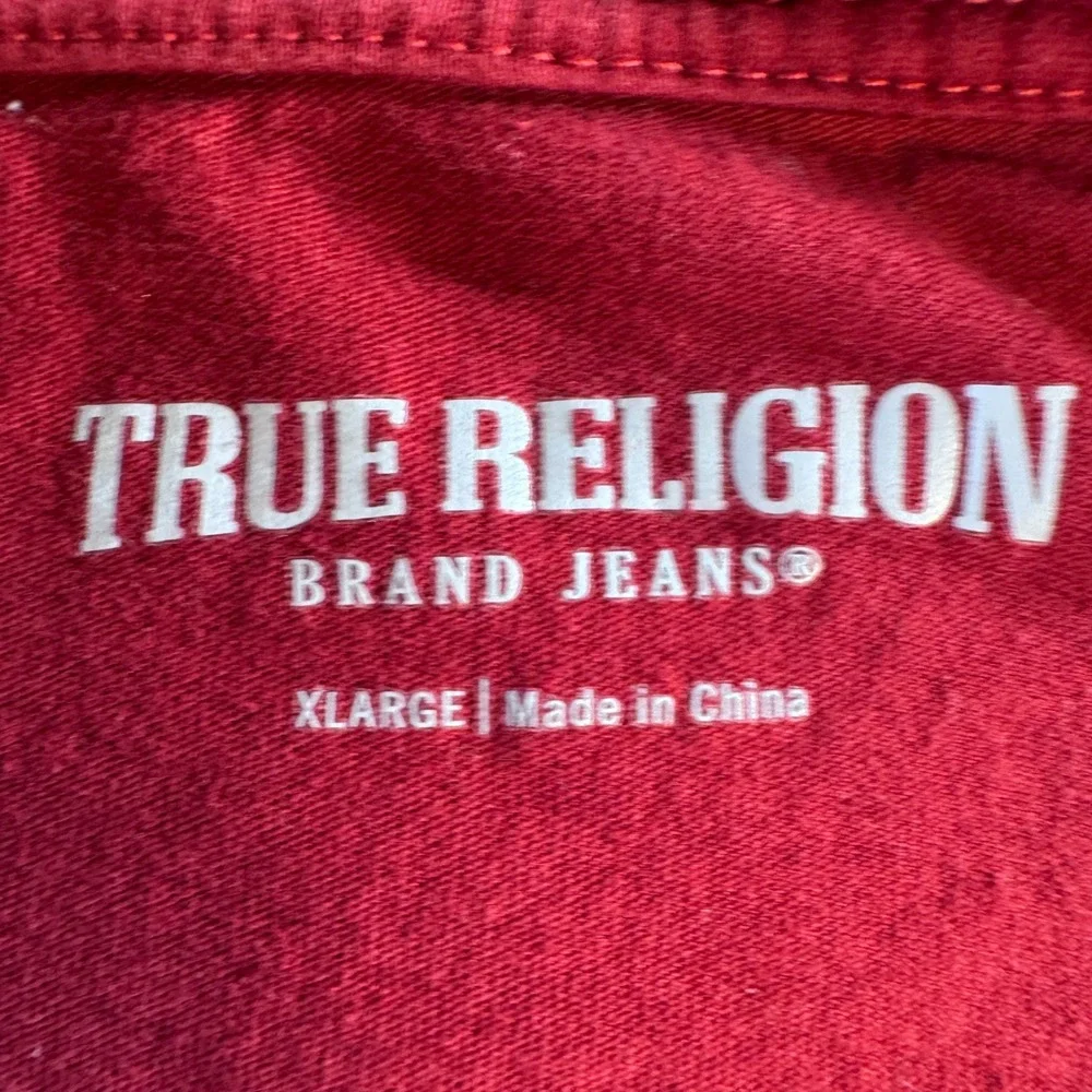 Y2K True Religion Mens Red Buddha Guitar Graphic T-Shirt XL Short Sleeve Cotton